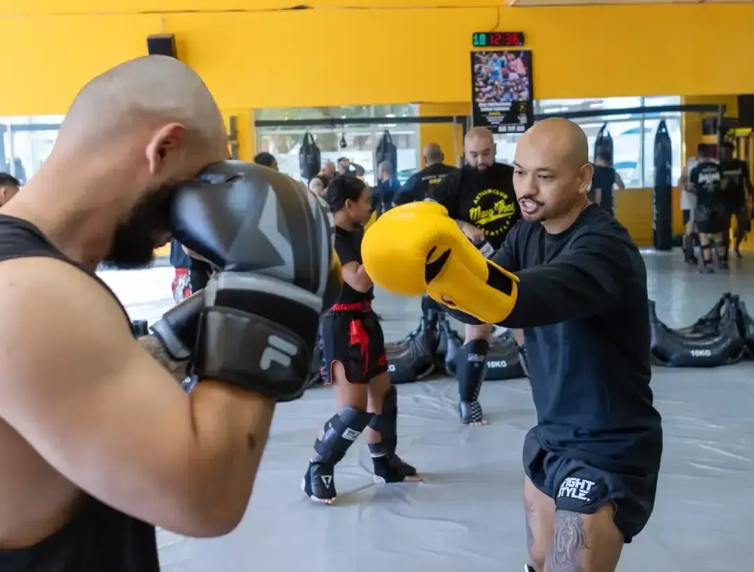 Coach holding pads for a member during private training